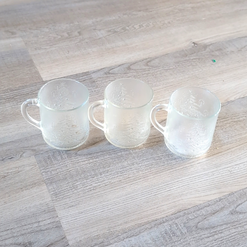 3 Vintage Duralex Christmas Tree Glass Coffee Mugs Made in France